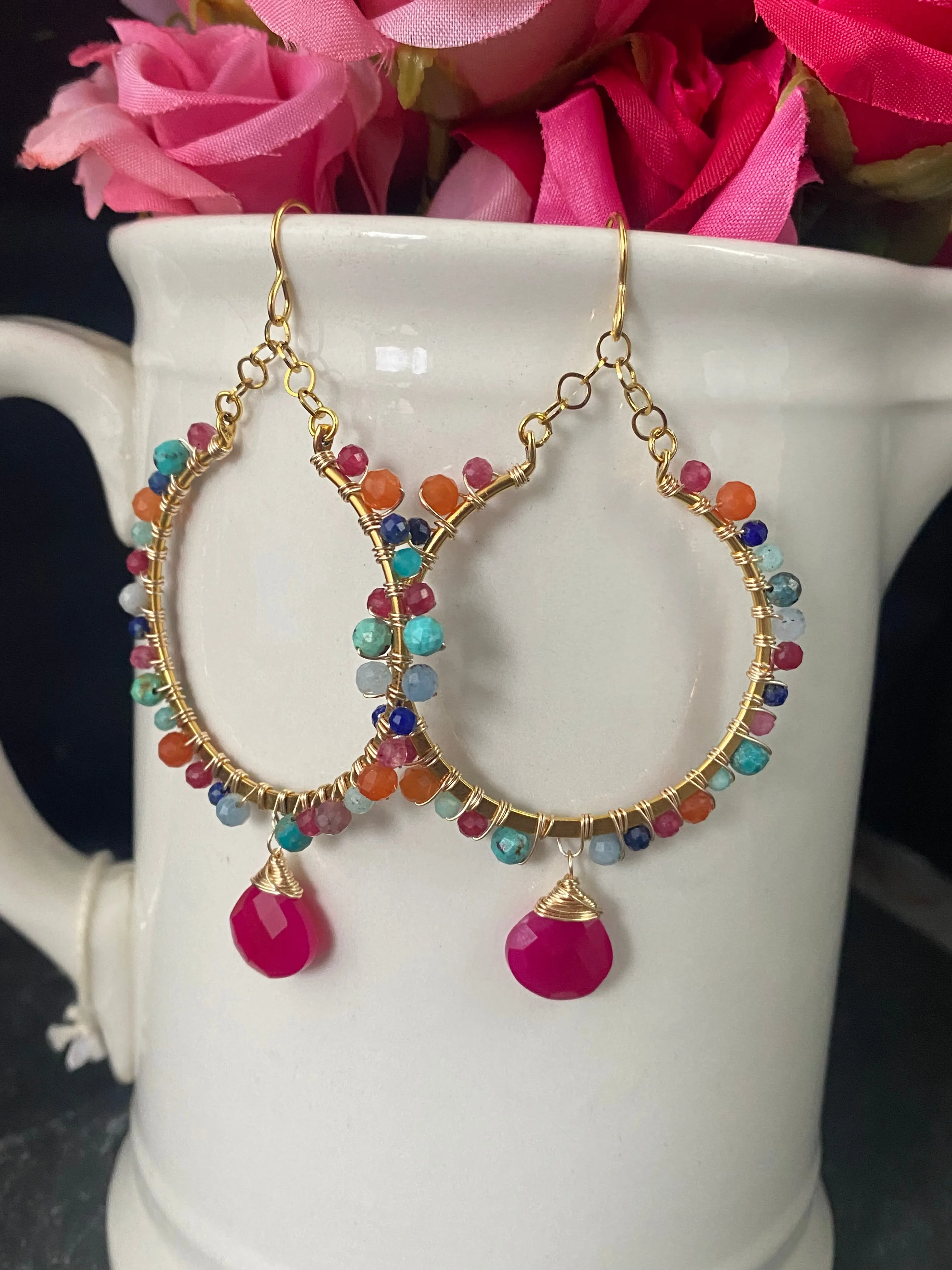 Pink chalcedony stone, ruby, turquoise, aquamarine, lapis lazuli, carnelian agate, gold metal hoop earrings, jewelry