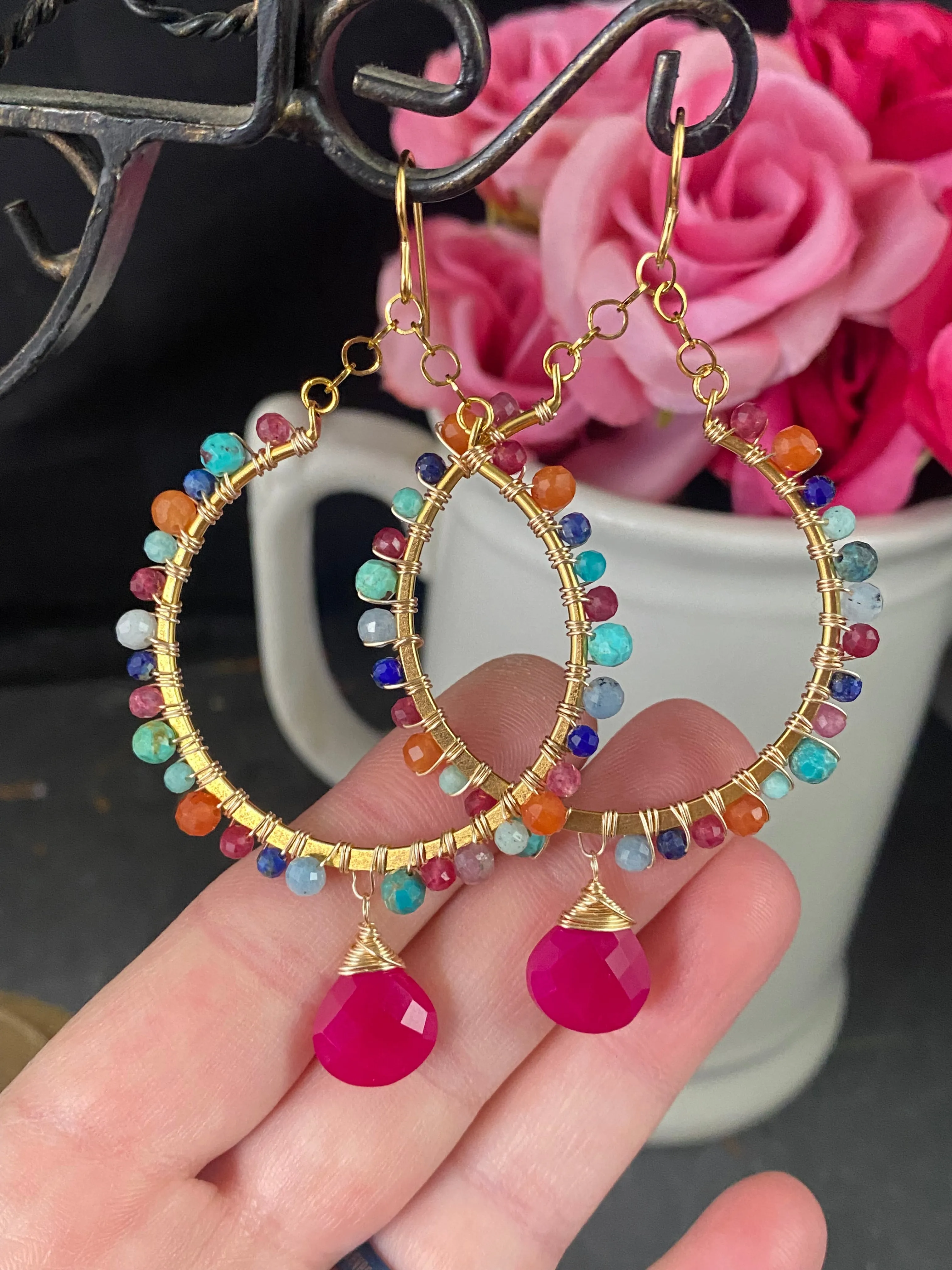 Pink chalcedony stone, ruby, turquoise, aquamarine, lapis lazuli, carnelian agate, gold metal hoop earrings, jewelry