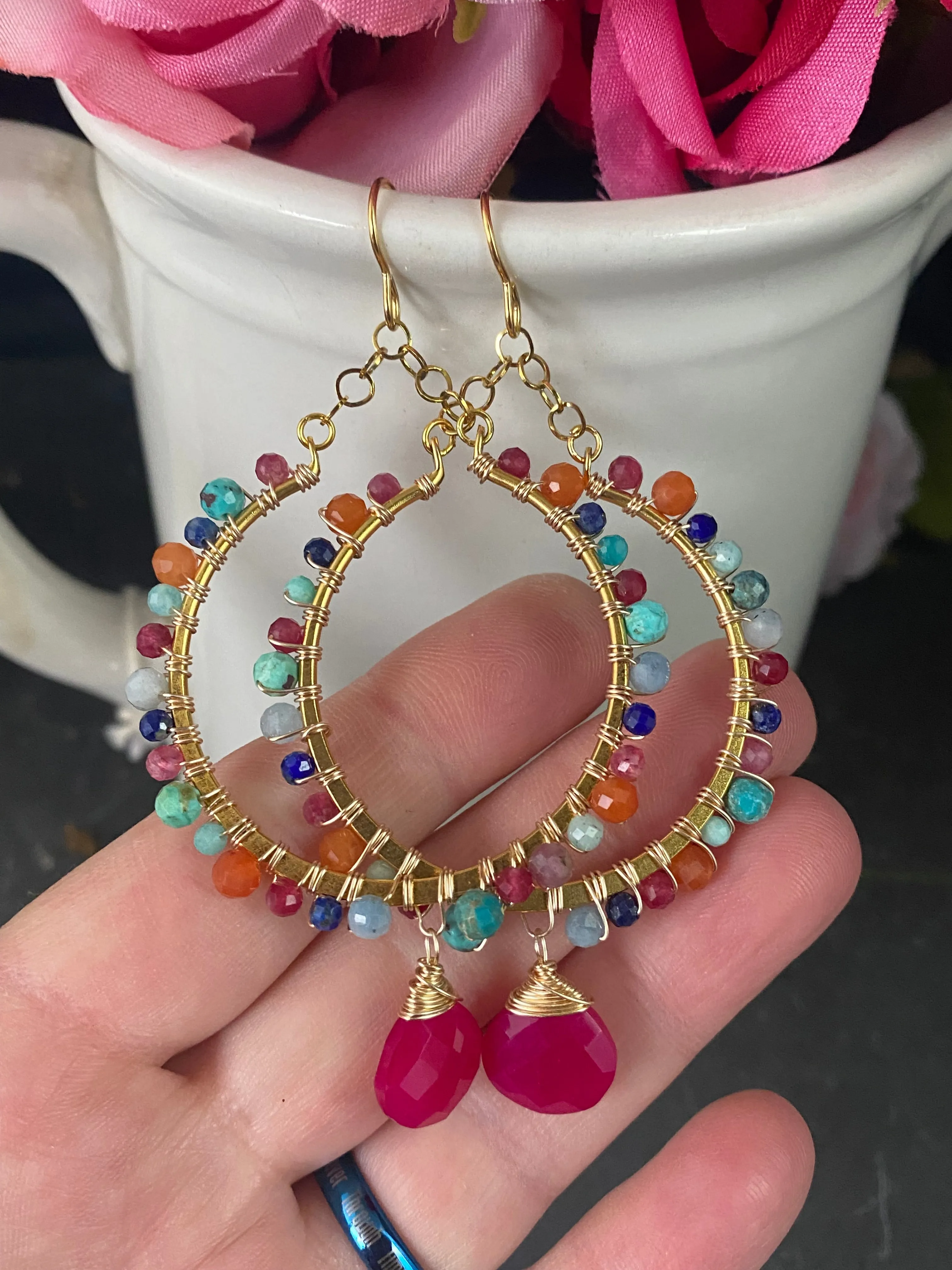 Pink chalcedony stone, ruby, turquoise, aquamarine, lapis lazuli, carnelian agate, gold metal hoop earrings, jewelry