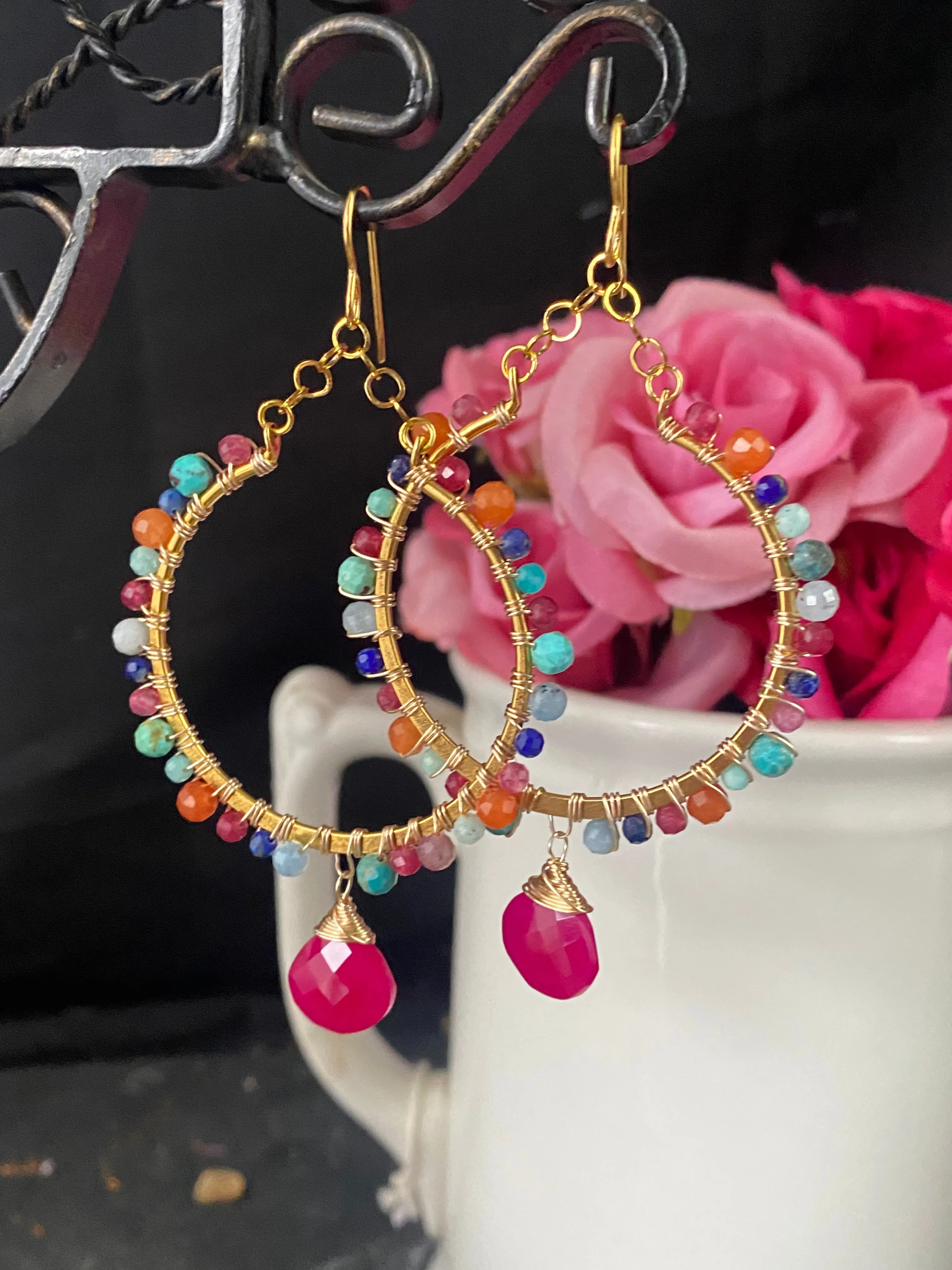 Pink chalcedony stone, ruby, turquoise, aquamarine, lapis lazuli, carnelian agate, gold metal hoop earrings, jewelry