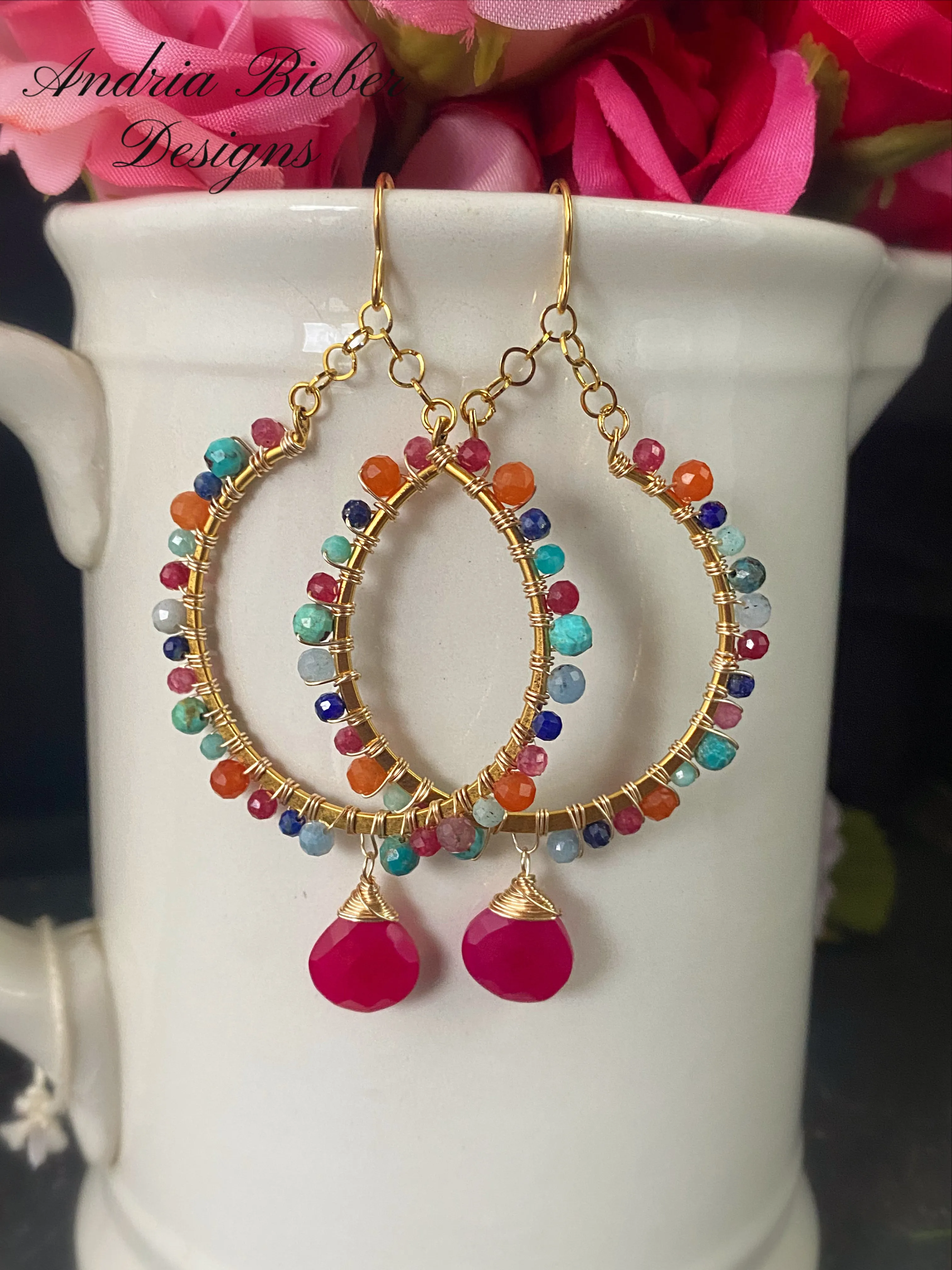 Pink chalcedony stone, ruby, turquoise, aquamarine, lapis lazuli, carnelian agate, gold metal hoop earrings, jewelry