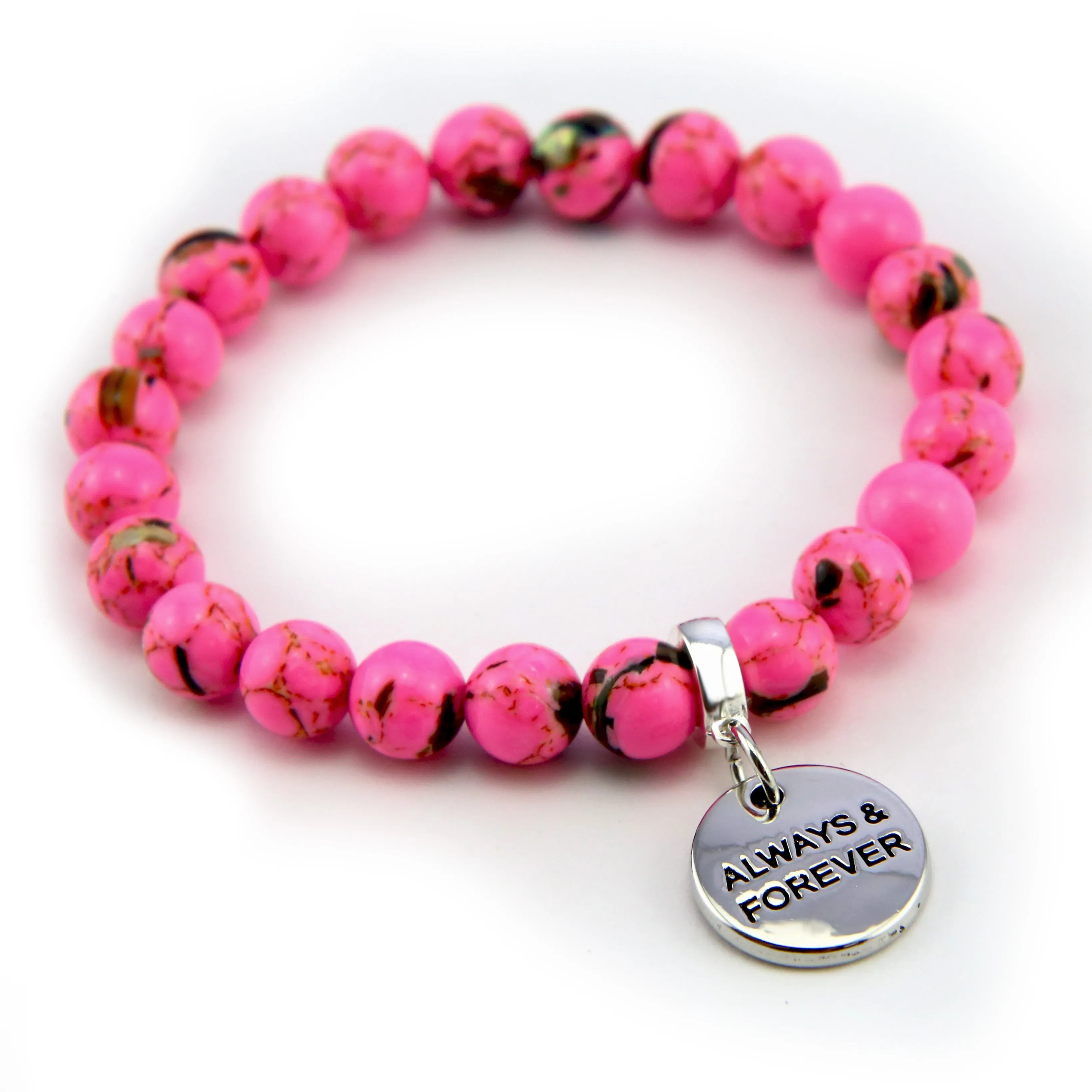 PINK COLLECTION - Hot Pink Synthesis 8mm Bead Bracelet  -  Silver Word Charms