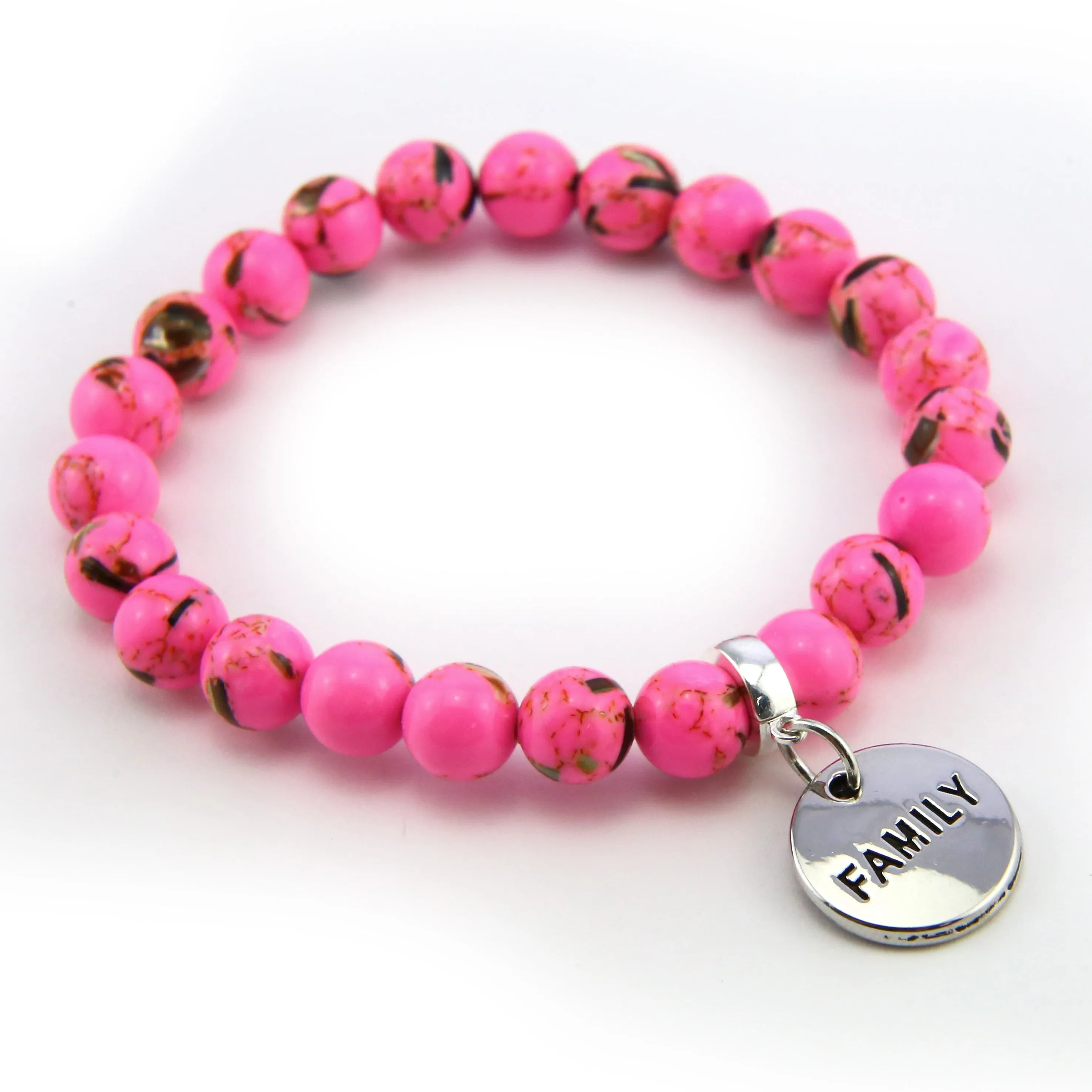 PINK COLLECTION - Hot Pink Synthesis 8mm Bead Bracelet  -  Silver Word Charms