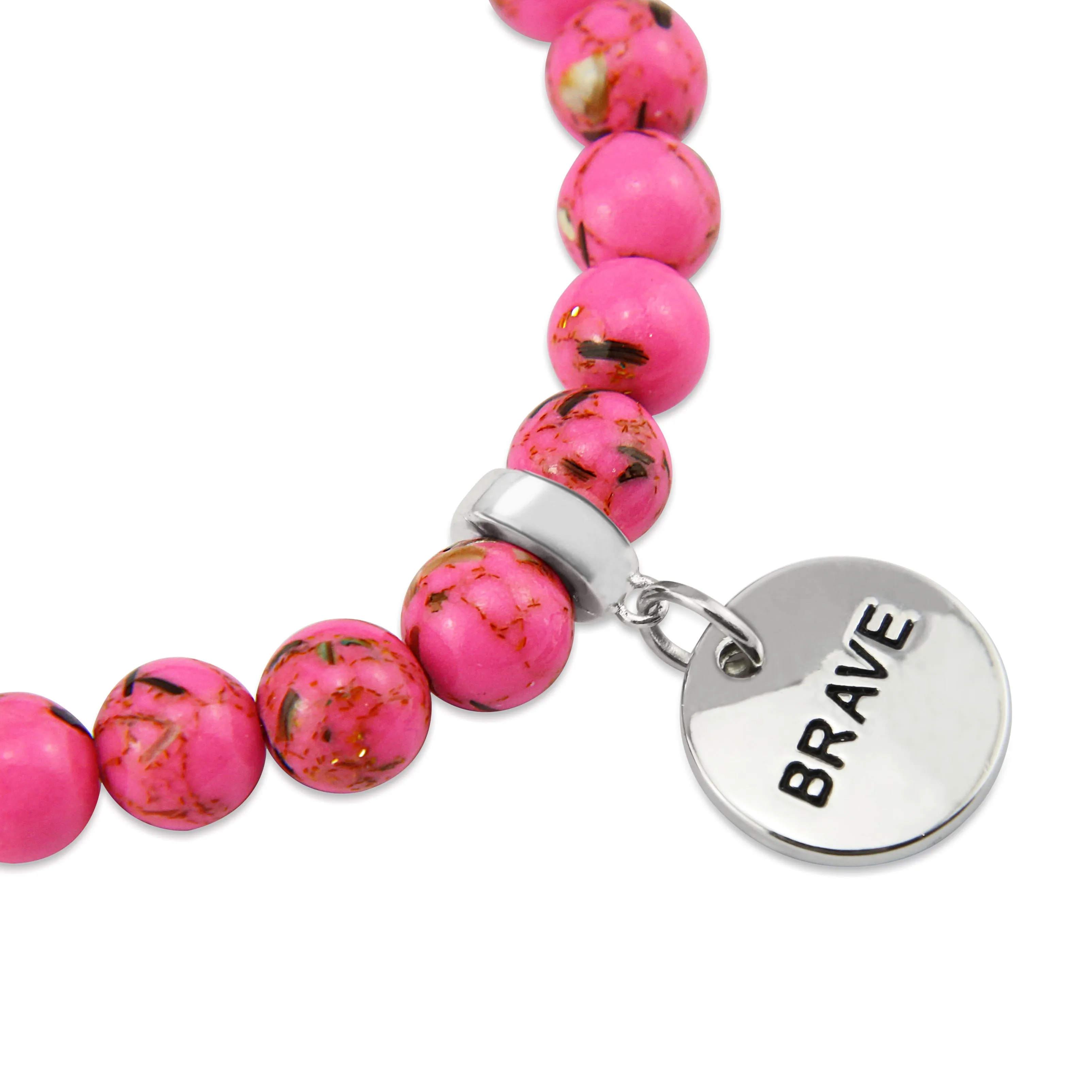 PINK COLLECTION - Hot Pink Synthesis 8mm Bead Bracelet  -  Silver Word Charms