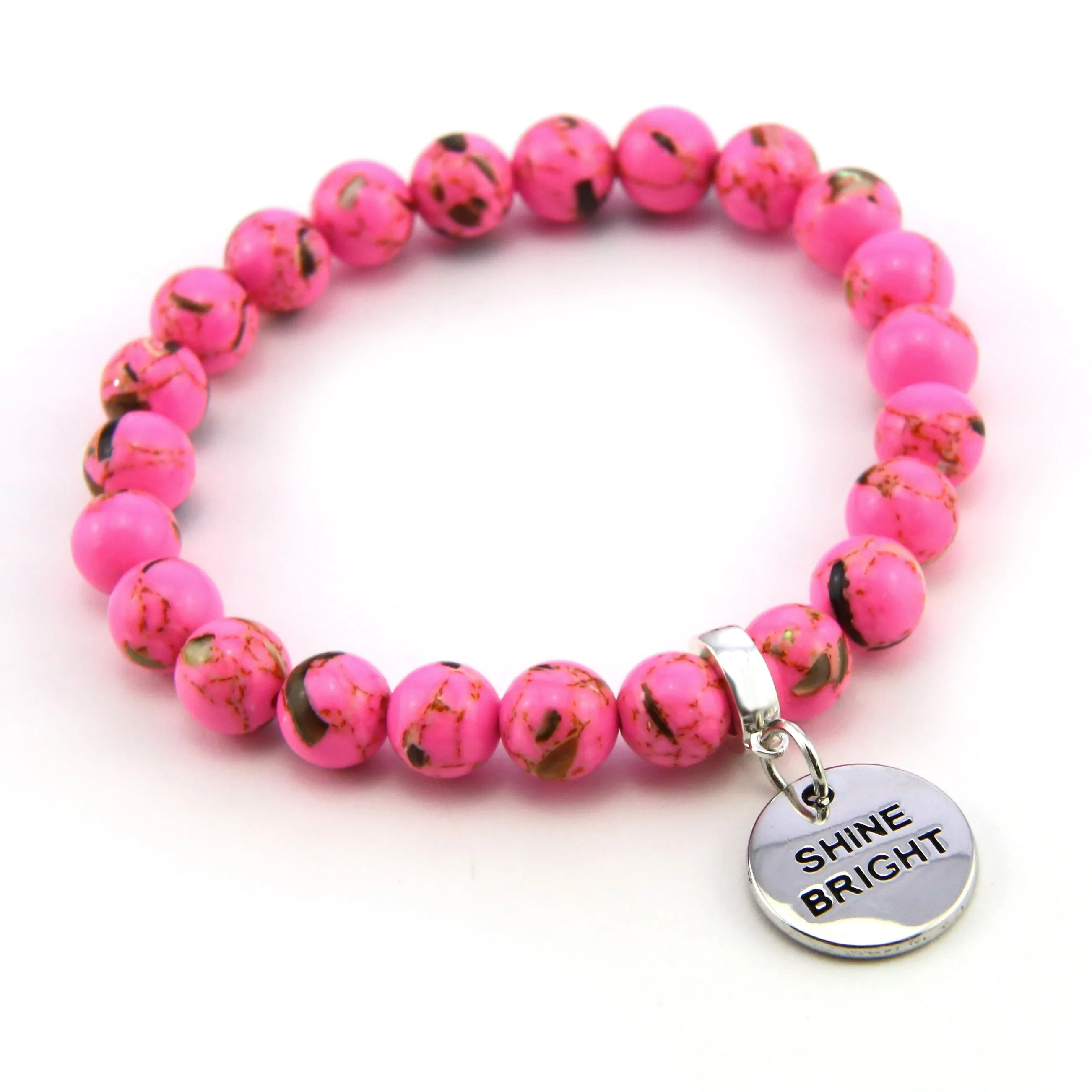 PINK COLLECTION - Hot Pink Synthesis 8mm Bead Bracelet  -  Silver Word Charms