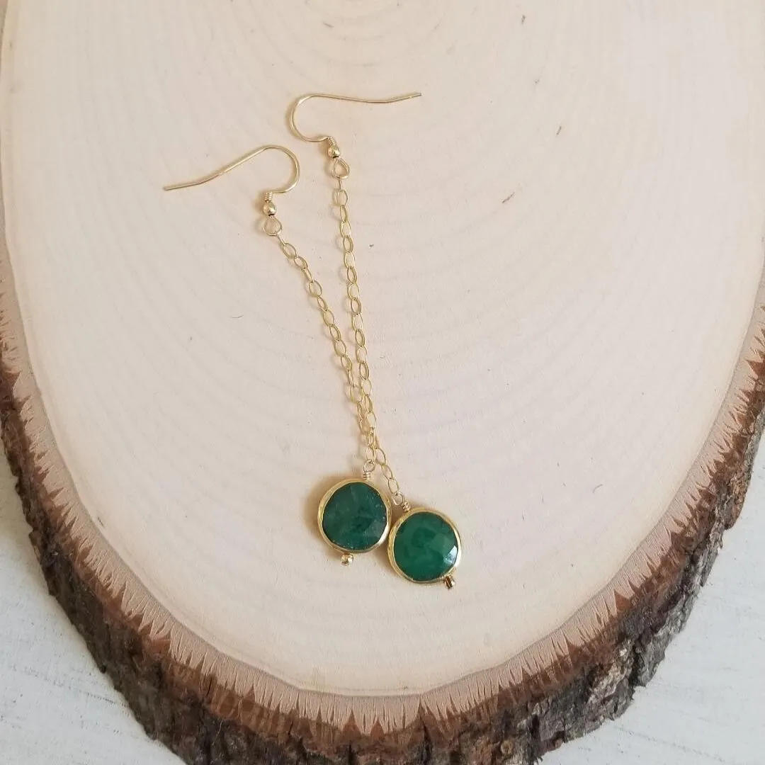 Raw Emerald Earrings, Long Gold Earrings