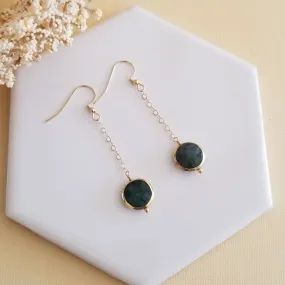 Raw Emerald Earrings, Long Gold Earrings