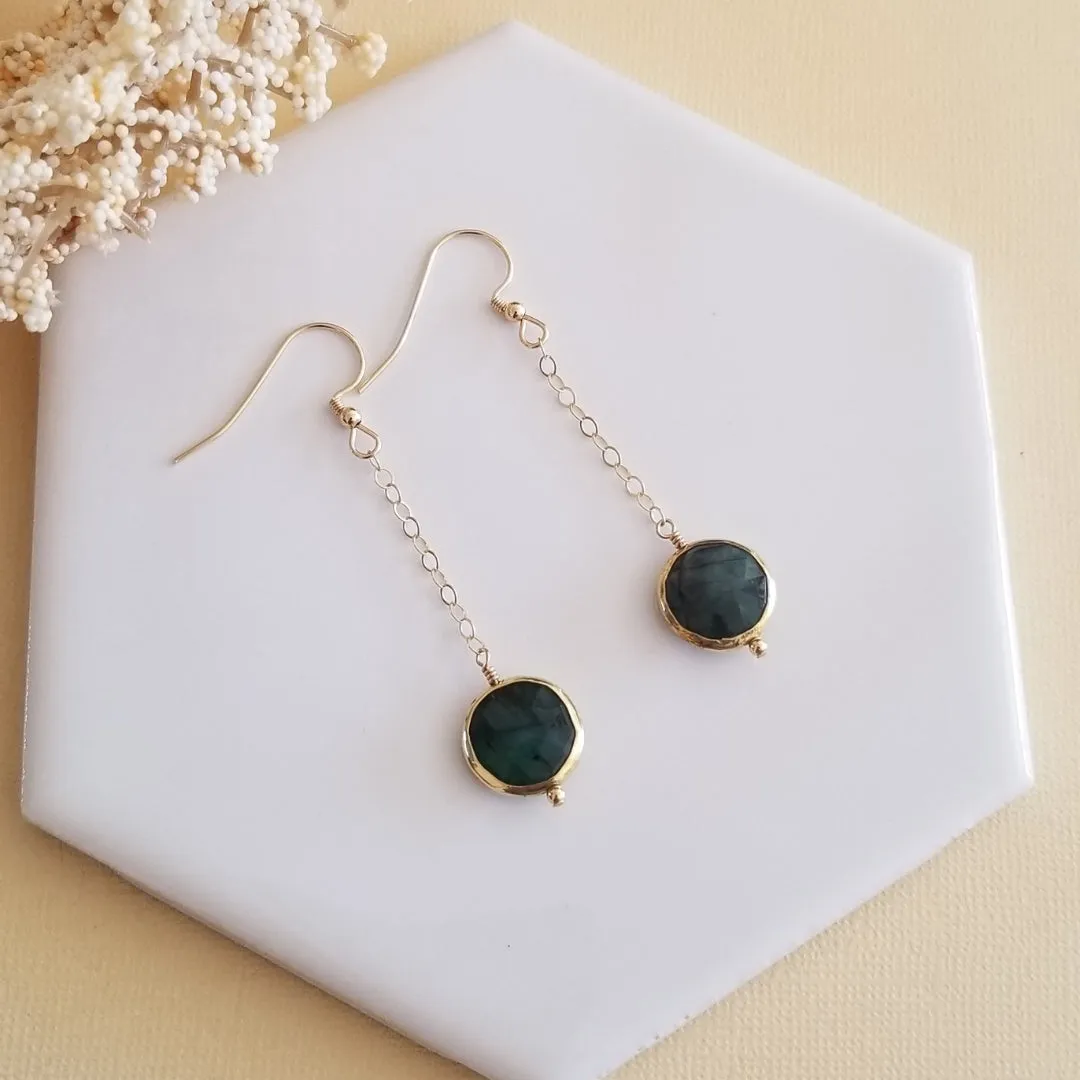 Raw Emerald Earrings, Long Gold Earrings