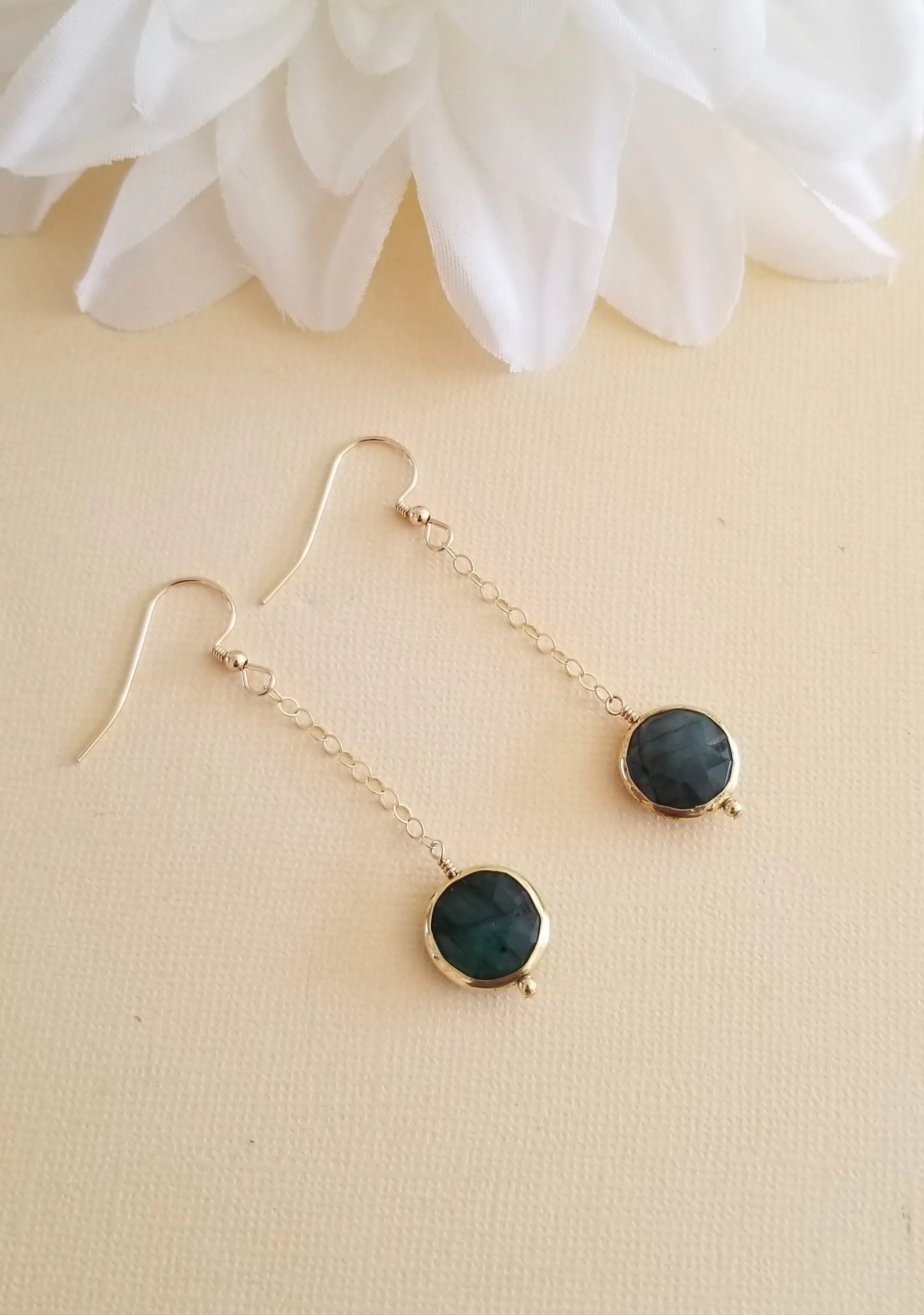 Raw Emerald Earrings, Long Gold Earrings