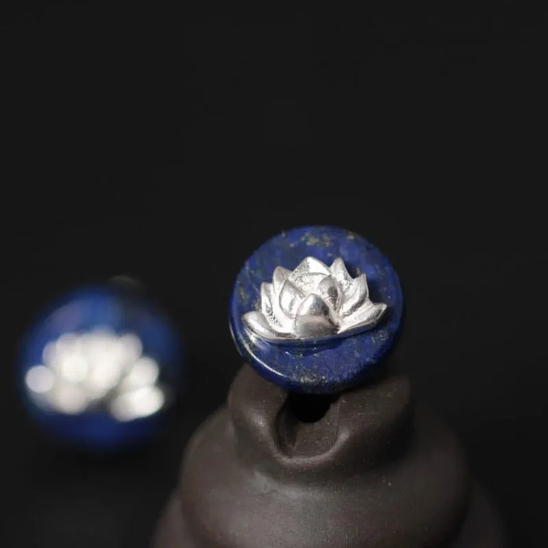 S925 Pure Silver Stud Earrings for Women, Handmade Lapis Lazuli Lotus Round
