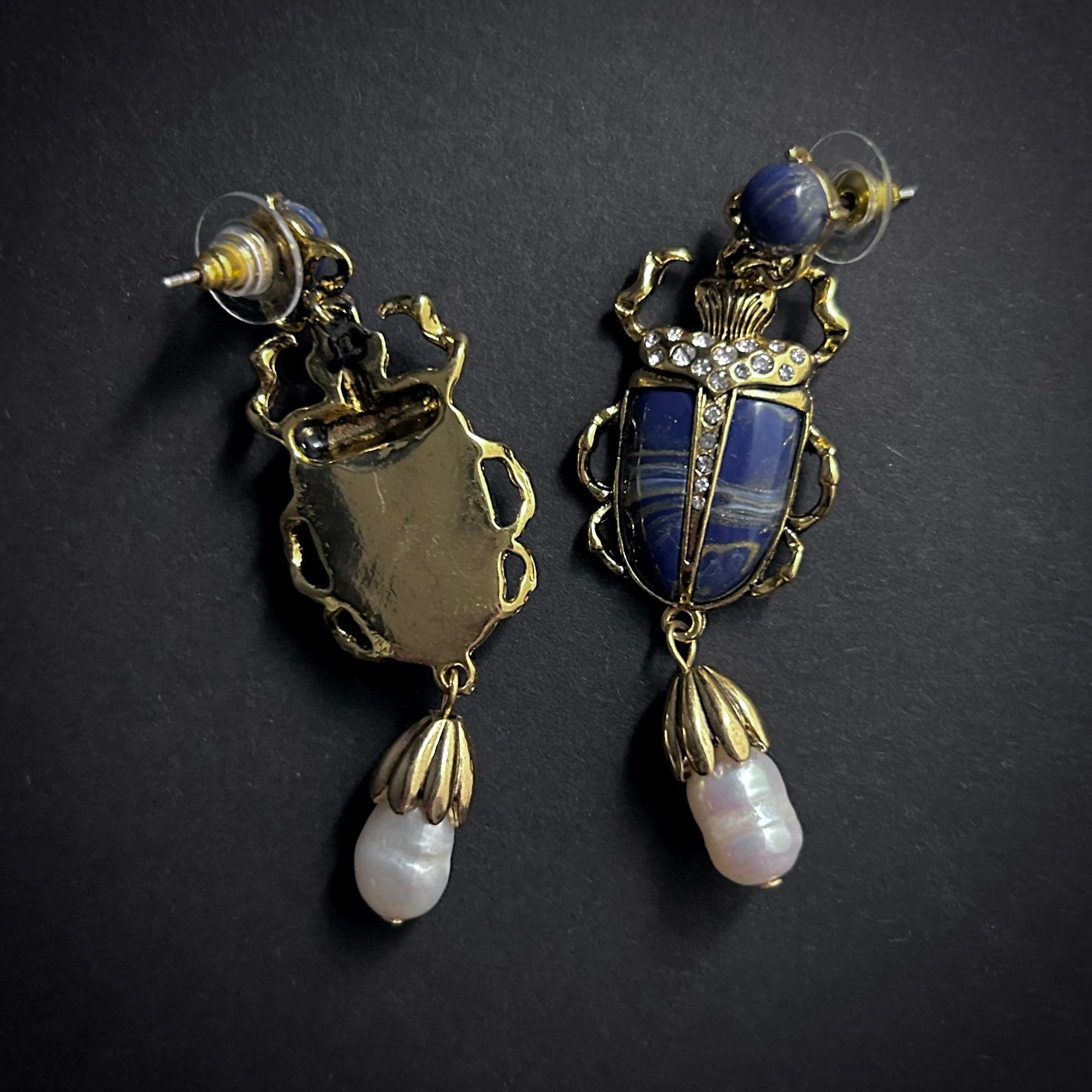 Scarab & Baroque Pearl Lapis Lazuli Blue Earrings