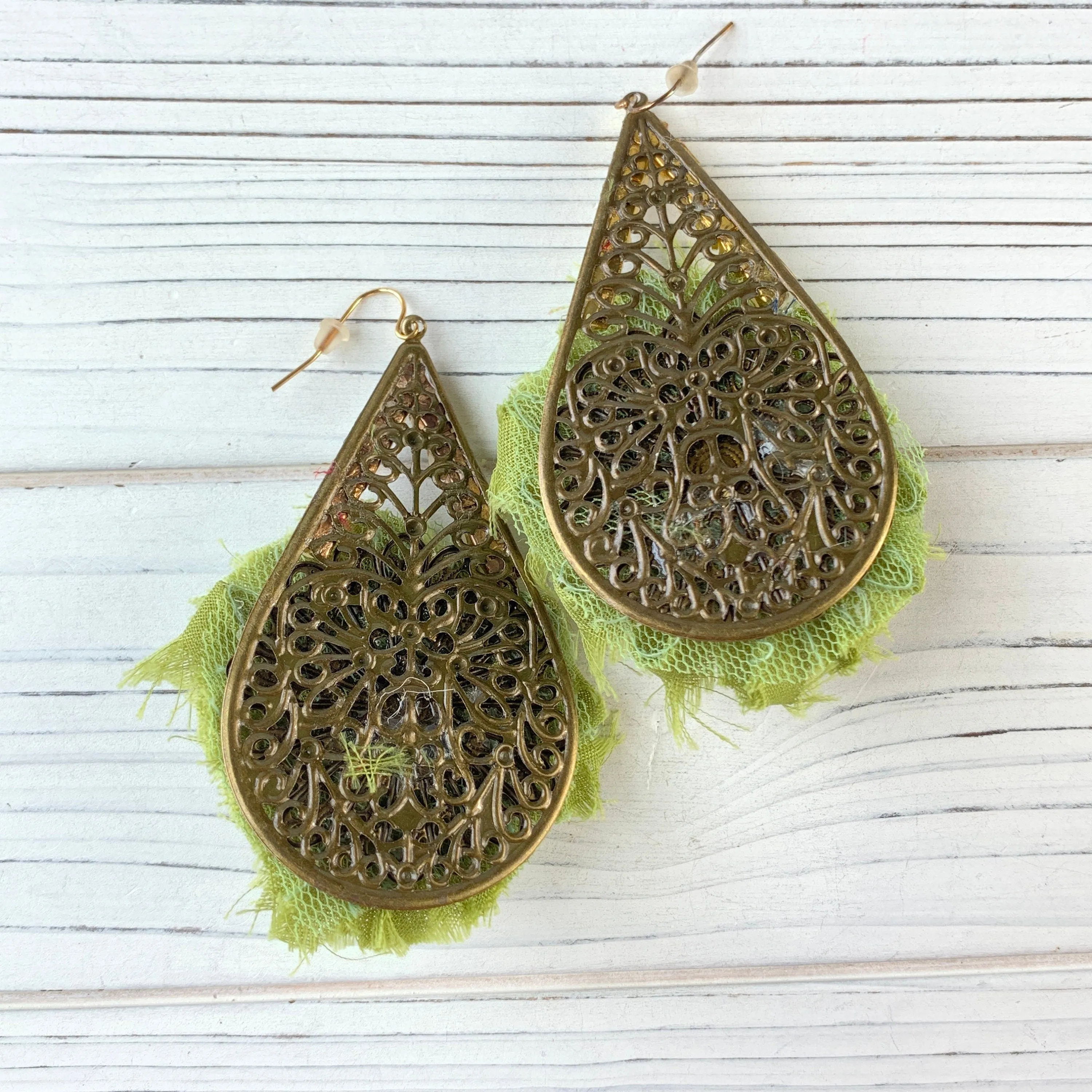 Shabby Chic Rosette Drop Statement Earrings in Moss