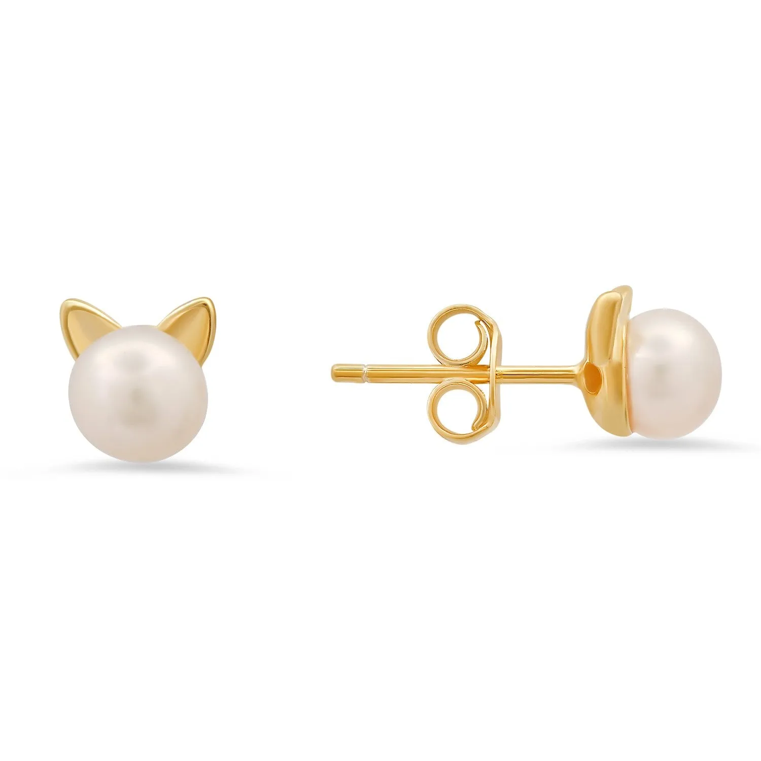 Sterling Silver Kitty Cat Pearl Stud Earrings