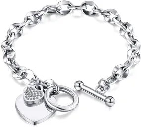 Womens Stainless Steel Link Chains Heart Charms Bracelets for Teen Age Girl Toggle Clasp Closure