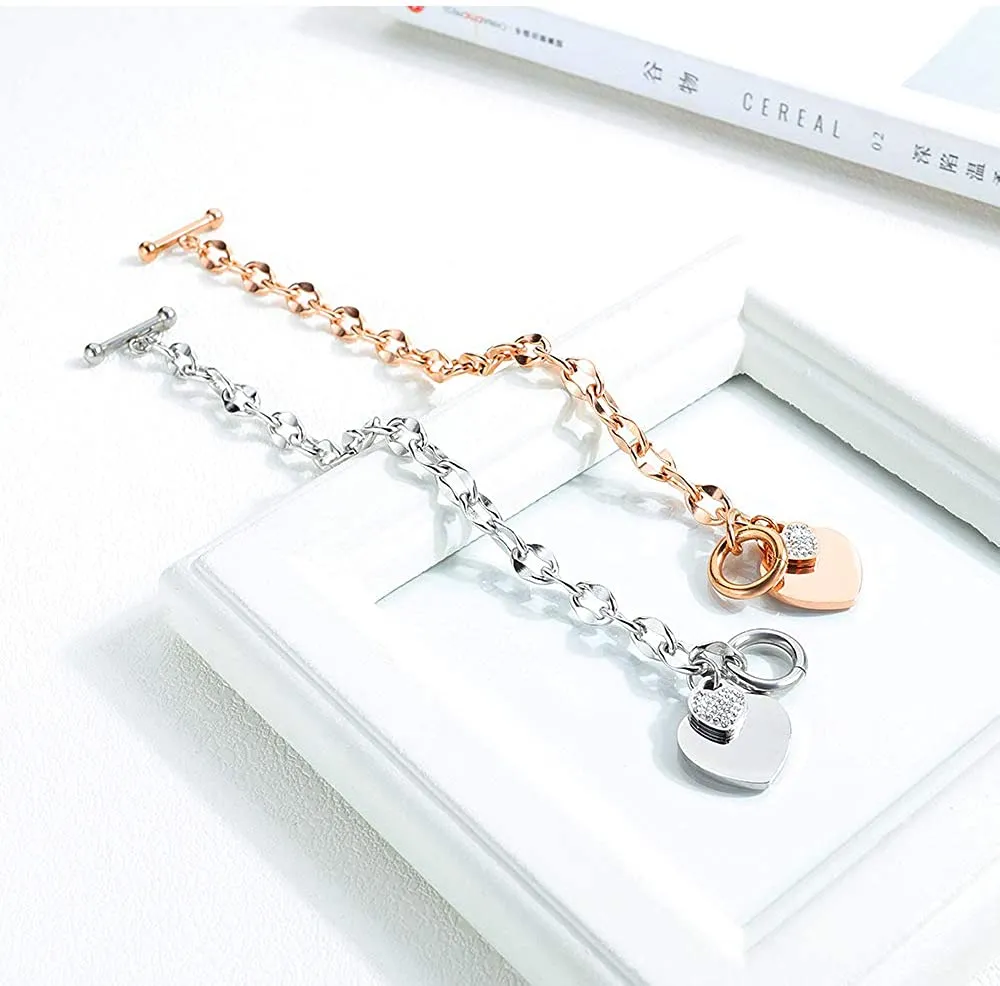 Womens Stainless Steel Link Chains Heart Charms Bracelets for Teen Age Girl Toggle Clasp Closure