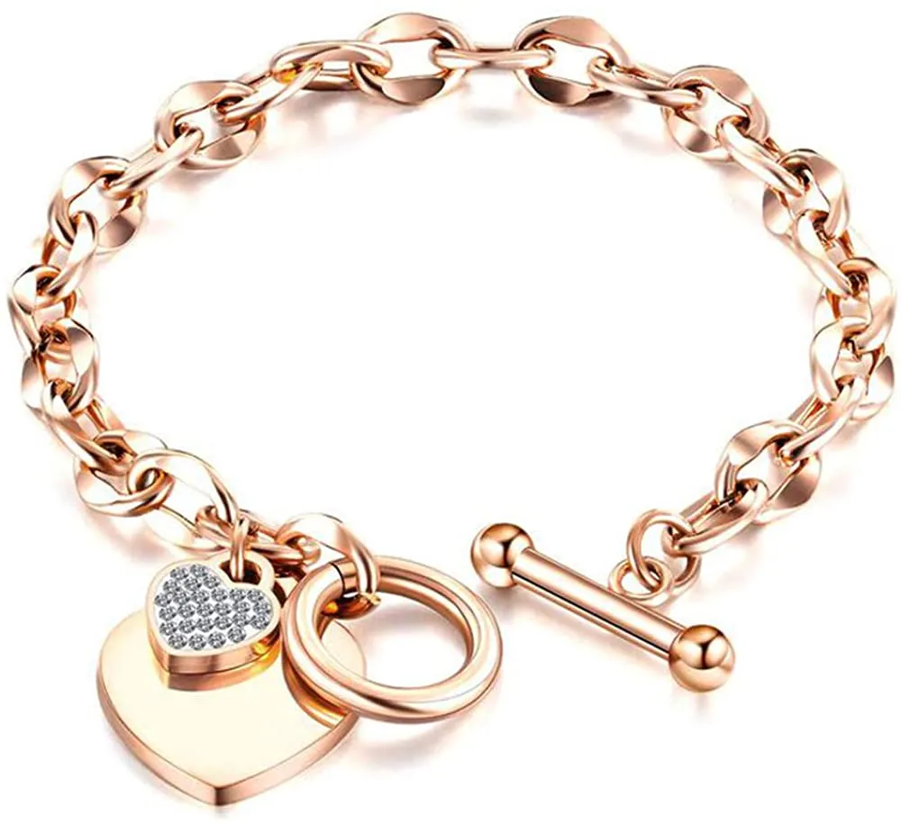 Womens Stainless Steel Link Chains Heart Charms Bracelets for Teen Age Girl Toggle Clasp Closure