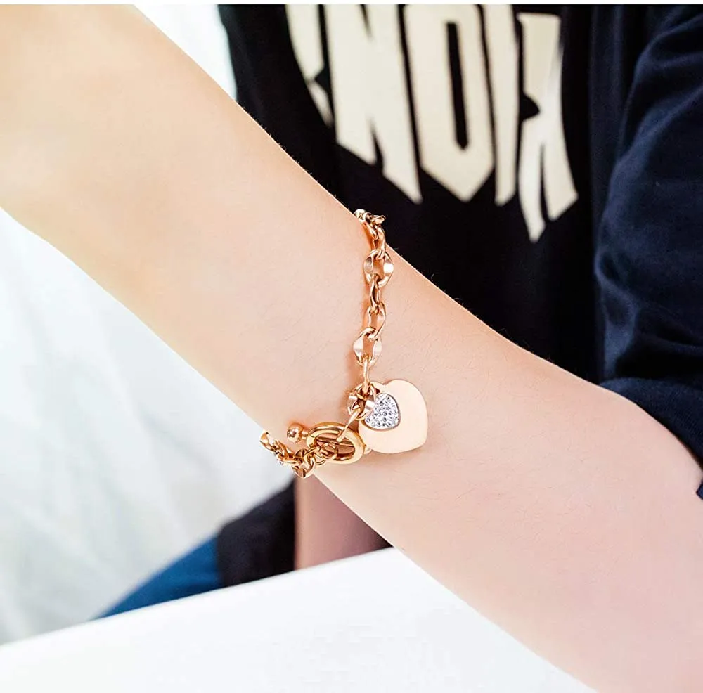 Womens Stainless Steel Link Chains Heart Charms Bracelets for Teen Age Girl Toggle Clasp Closure