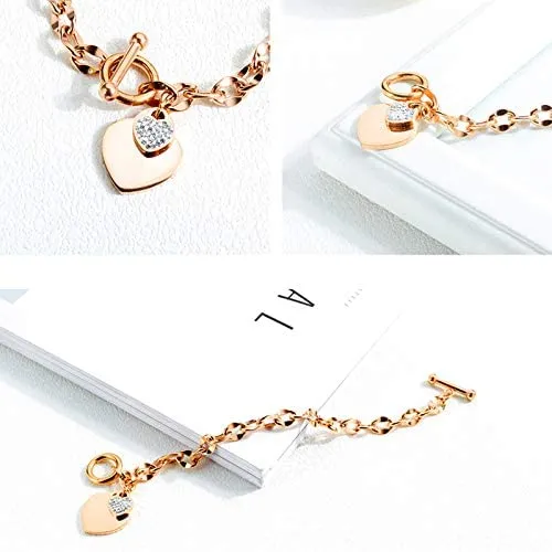 Womens Stainless Steel Link Chains Heart Charms Bracelets for Teen Age Girl Toggle Clasp Closure
