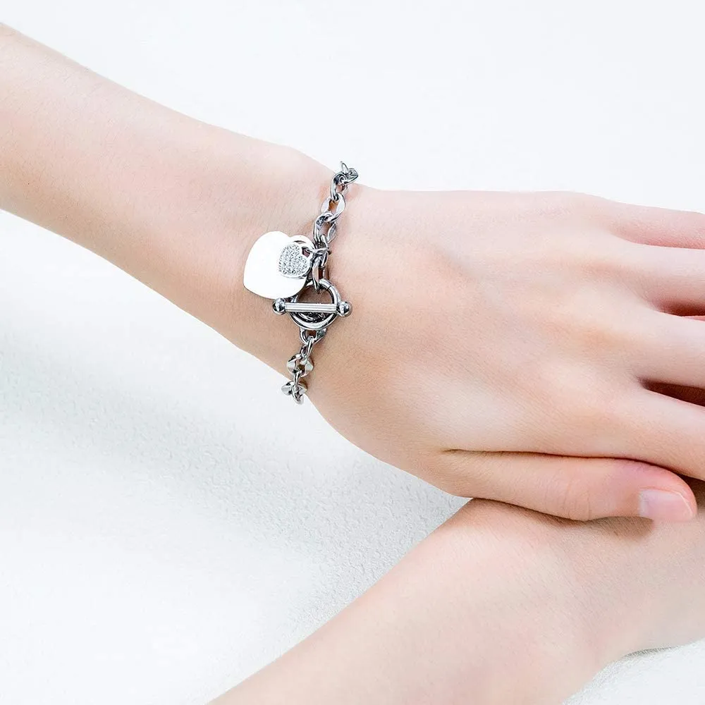 Womens Stainless Steel Link Chains Heart Charms Bracelets for Teen Age Girl Toggle Clasp Closure