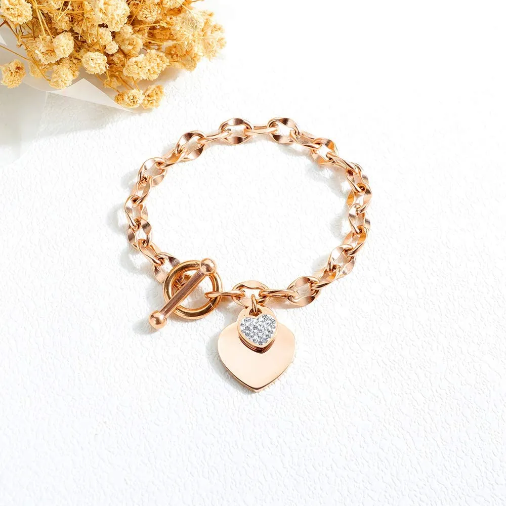 Womens Stainless Steel Link Chains Heart Charms Bracelets for Teen Age Girl Toggle Clasp Closure