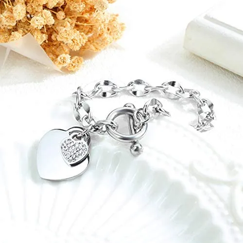 Womens Stainless Steel Link Chains Heart Charms Bracelets for Teen Age Girl Toggle Clasp Closure