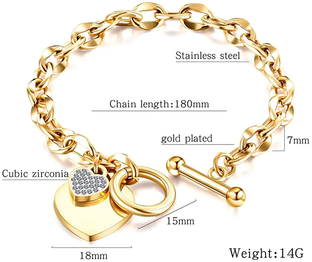 Womens Stainless Steel Link Chains Heart Charms Bracelets for Teen Age Girl Toggle Clasp Closure