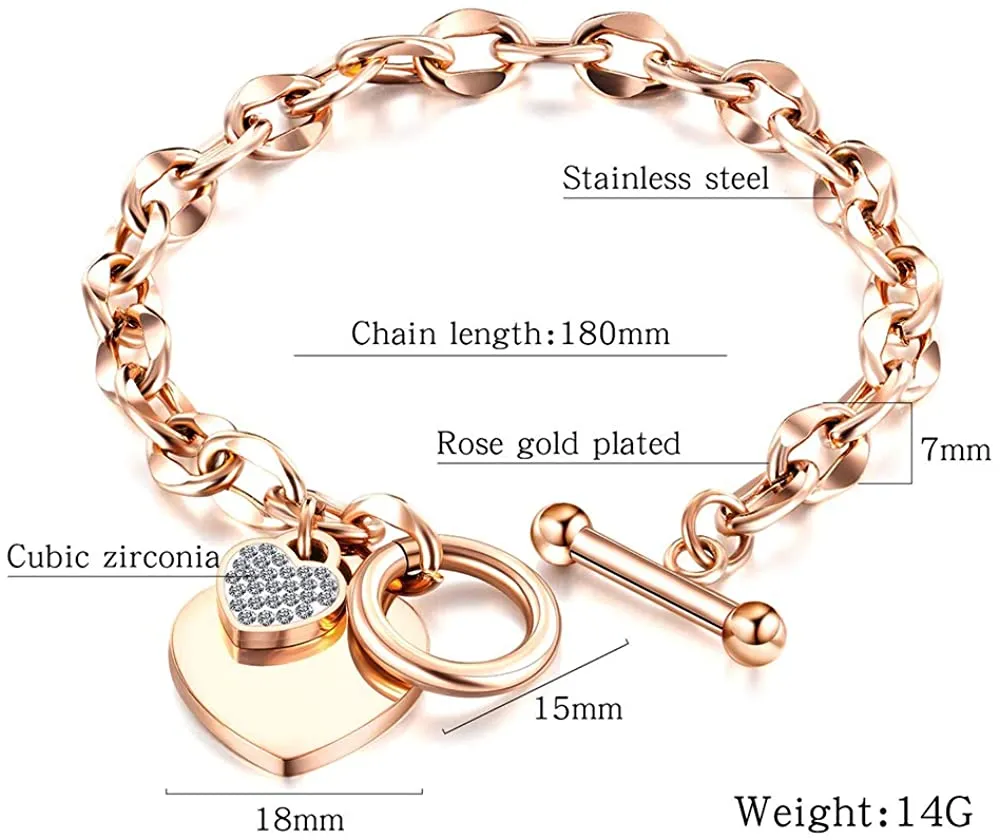 Womens Stainless Steel Link Chains Heart Charms Bracelets for Teen Age Girl Toggle Clasp Closure