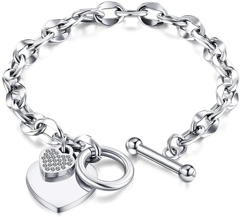Womens Stainless Steel Link Chains Heart Charms Bracelets for Teen Age Girl Toggle Clasp Closure