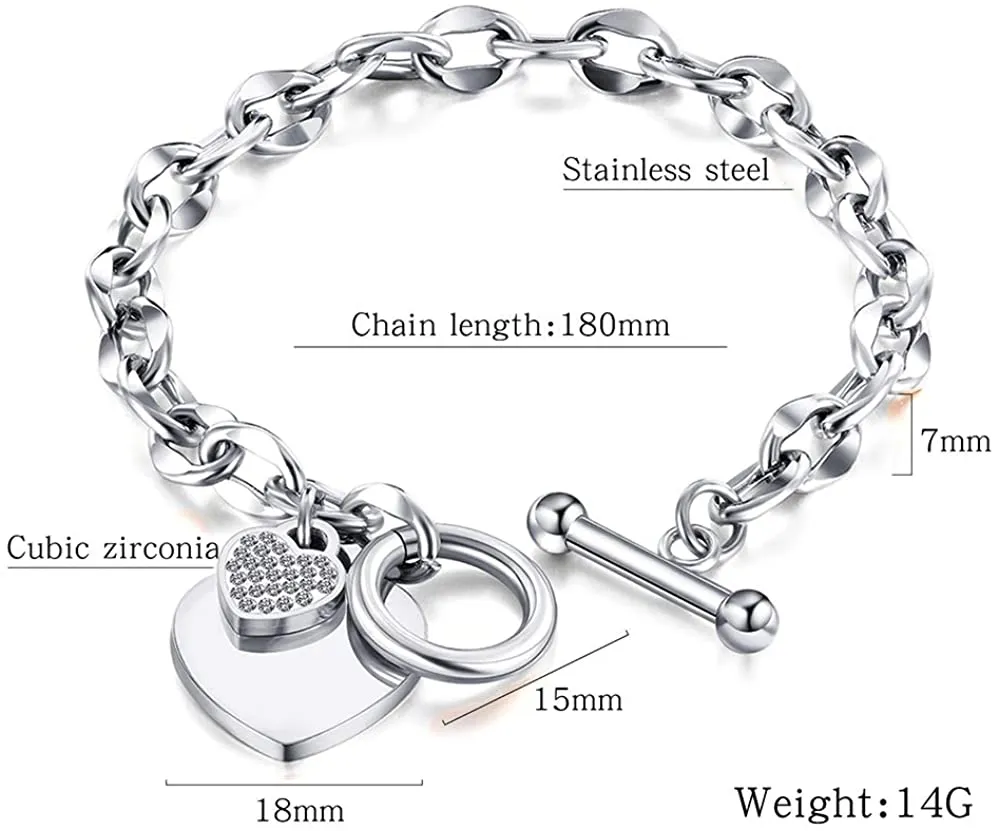 Womens Stainless Steel Link Chains Heart Charms Bracelets for Teen Age Girl Toggle Clasp Closure