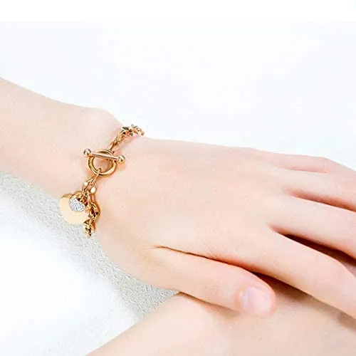 Womens Stainless Steel Link Chains Heart Charms Bracelets for Teen Age Girl Toggle Clasp Closure