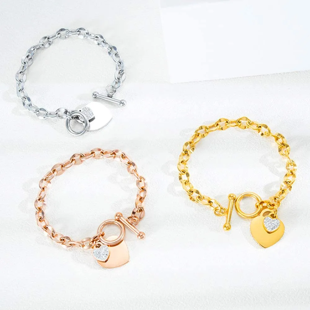 Womens Stainless Steel Link Chains Heart Charms Bracelets for Teen Age Girl Toggle Clasp Closure