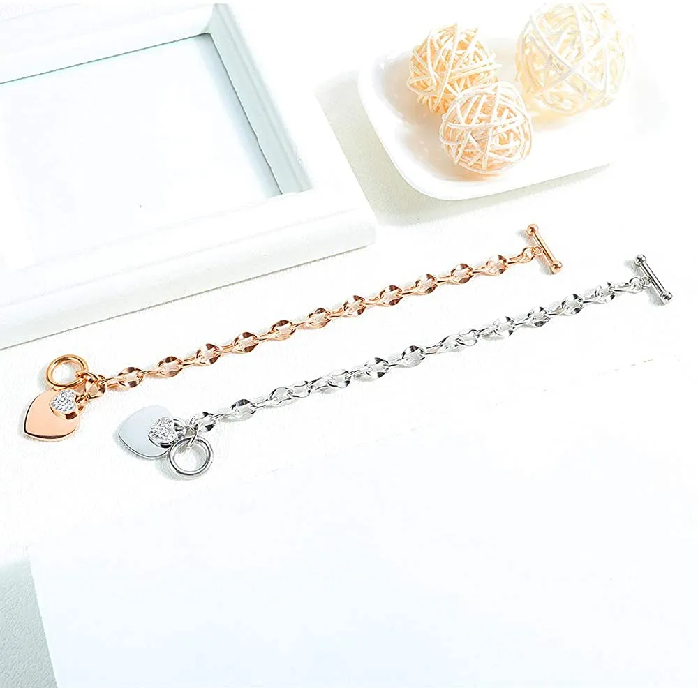 Womens Stainless Steel Link Chains Heart Charms Bracelets for Teen Age Girl Toggle Clasp Closure